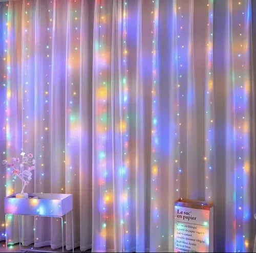 CORTINA DE LUCES CÁLIDAS Y MULTICOLOR CON MANDO